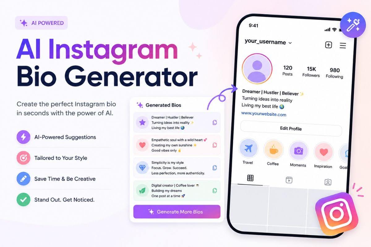 An Instagram profile bio being written — name, one-line value proposition, and a call to action within the 150-character limit