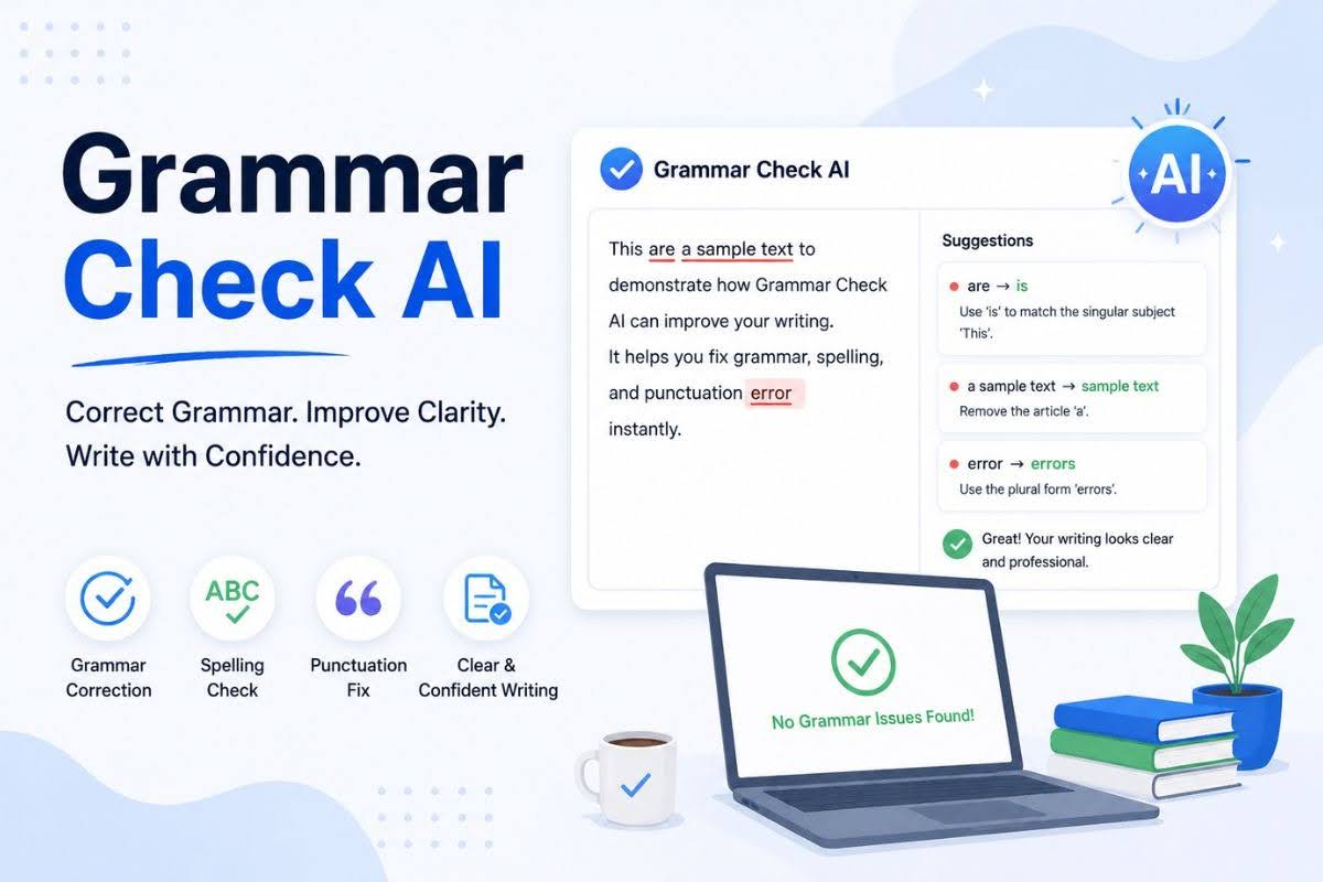 Grammar check AI highlighting spelling, punctuation, and grammar errors in a passage of text and suggesting corrections