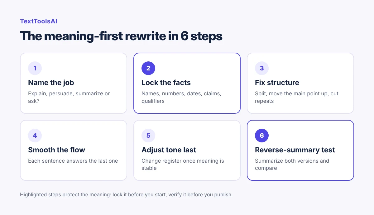 The meaning-first rewrite in 6 steps: name the job, lock the facts, fix structure, smooth the flow, adjust tone last, run the reverse-summary test