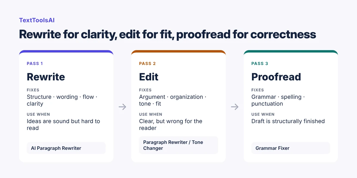 Rewrite vs edit vs proofread: rewrite fixes structure and clarity, edit fixes argument, tone and fit, proofread fixes grammar, spelling and punctuation