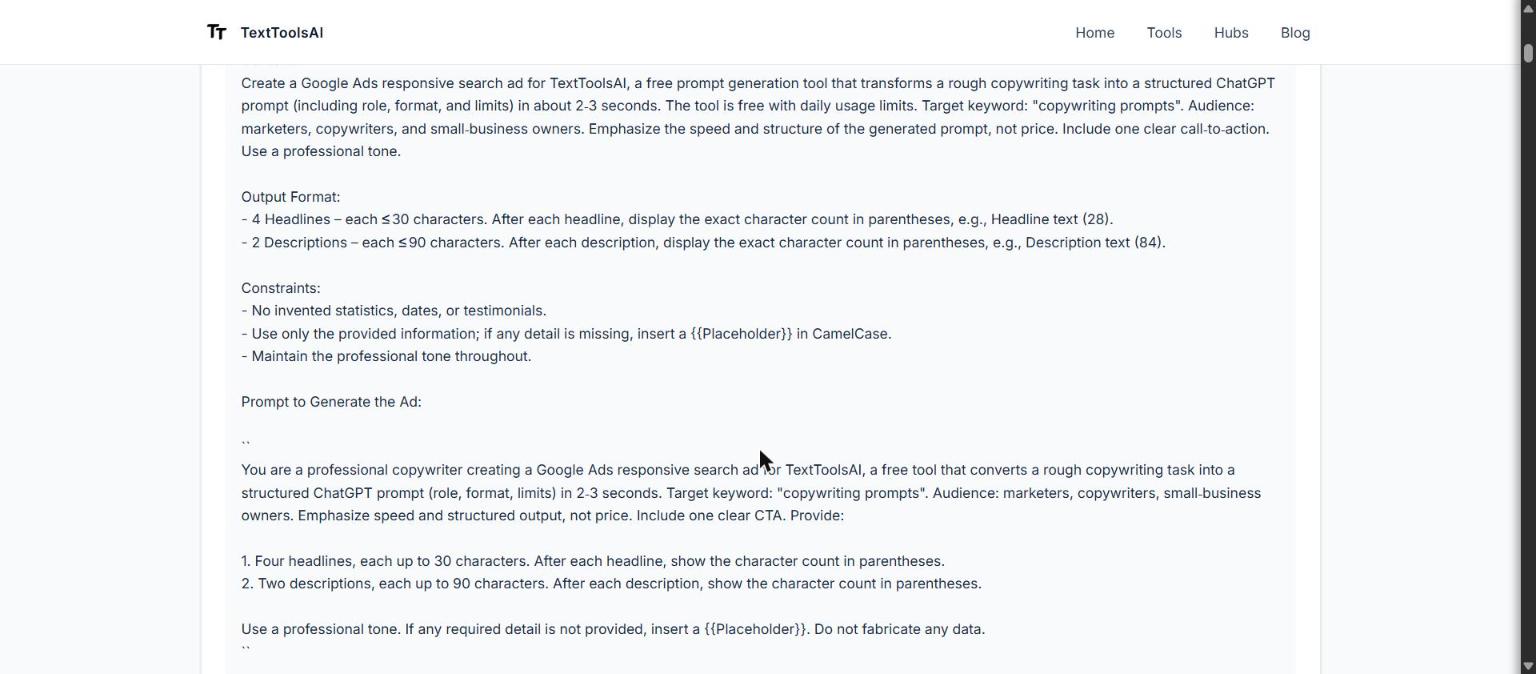 First-hand run of one of our copywriting prompts: the Google Ads input in the prompt tool and the raw output it returned - full output