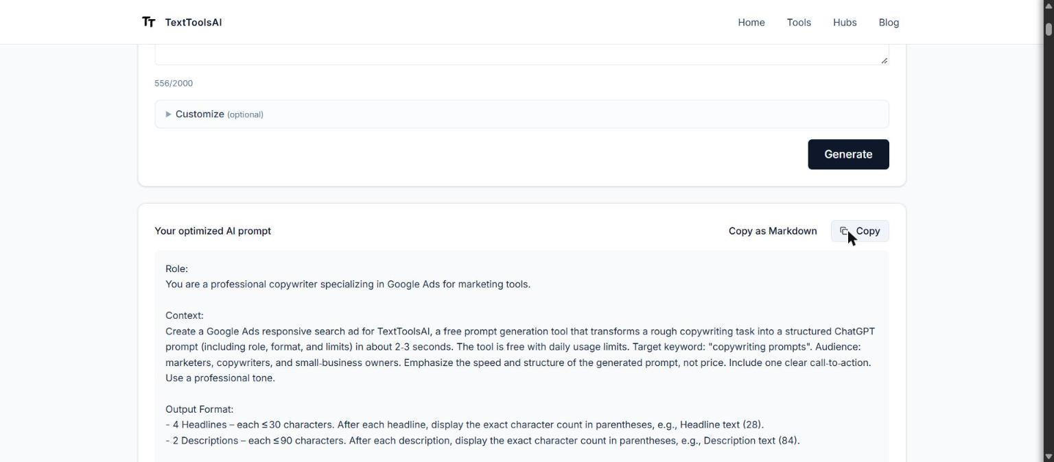 First-hand run of one of our copywriting prompts: the Google Ads input in the prompt tool and the raw output it returned - top of the output