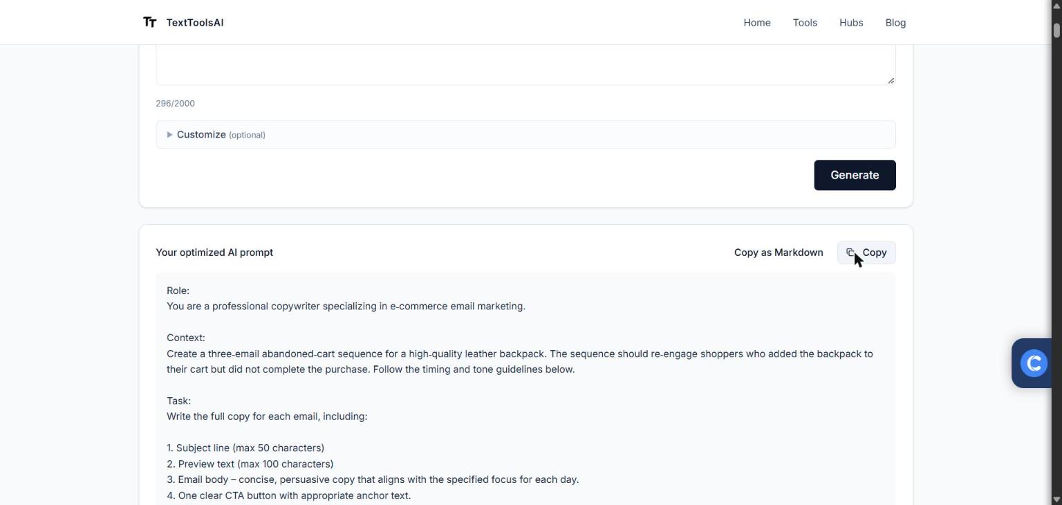 Second test run: abandoned cart sequence email prompt returned by the TextToolsAI prompt tool