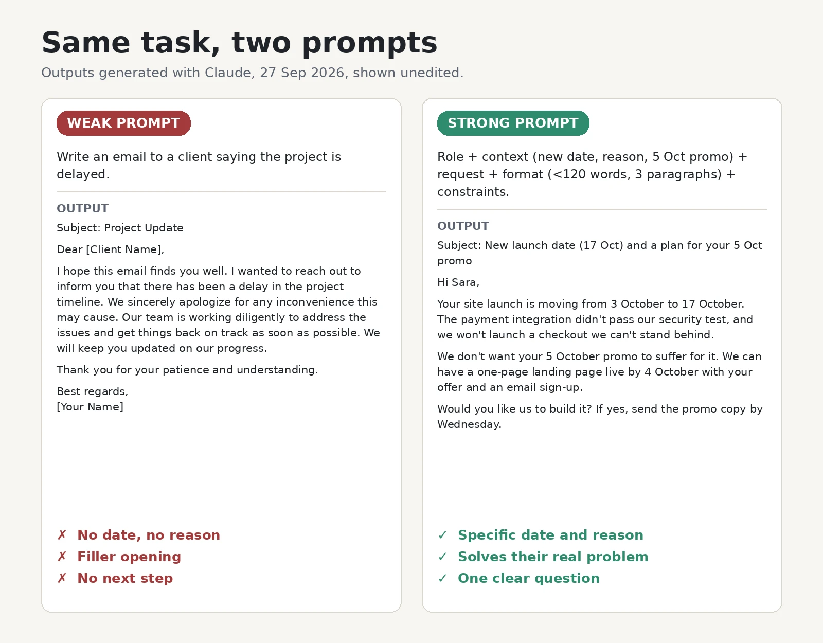 Side-by-side outputs from a weak and a strong prompt for a project delay email