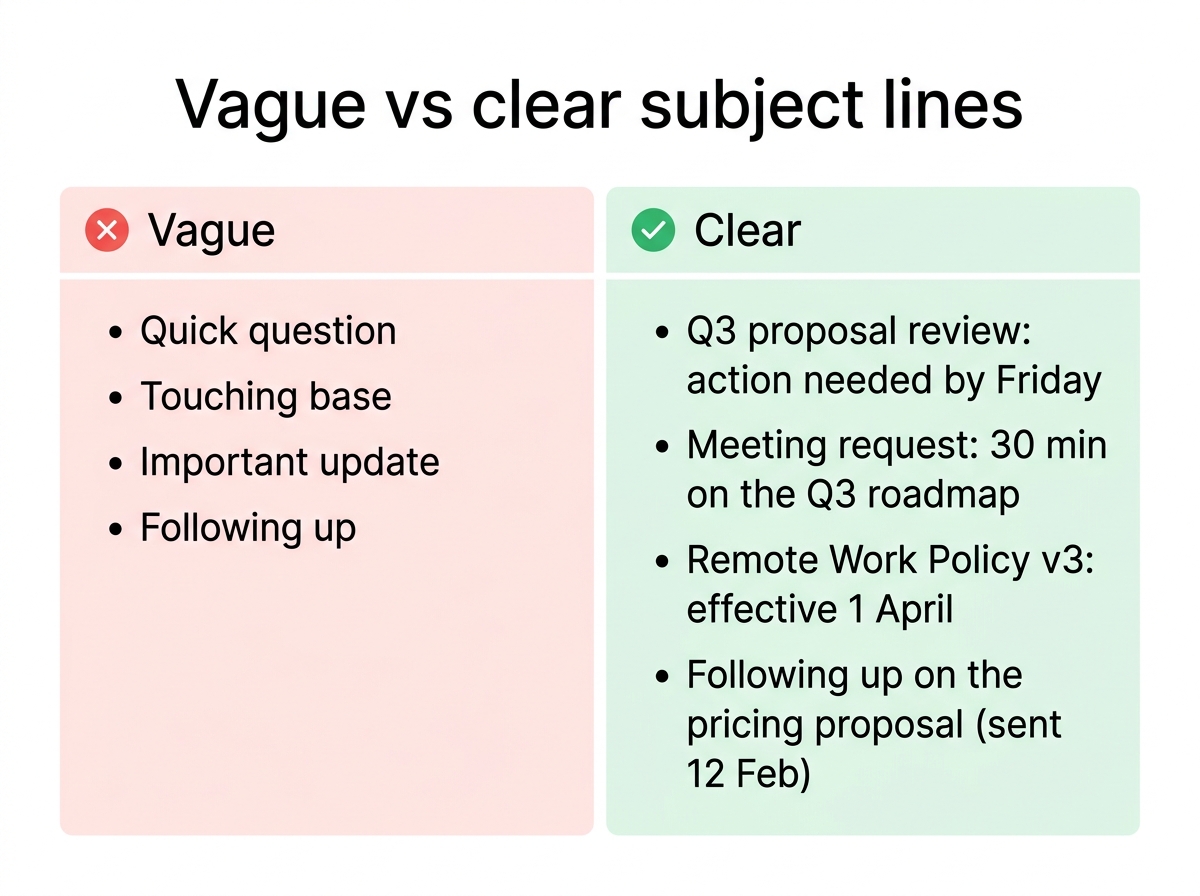 Comparison of vague subject lines versus clear, specific ones